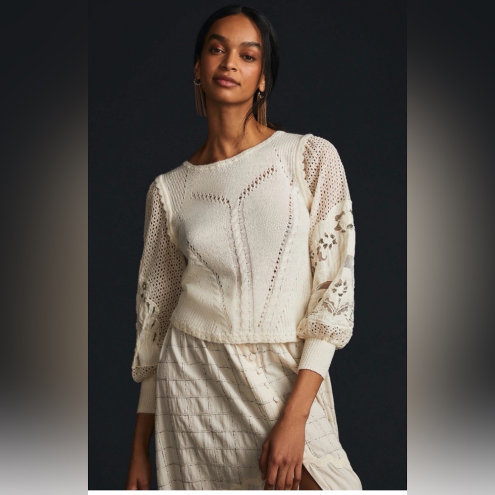 Anthropologie women's Eyelet Lace Sweater Ivory XS balloon embroidered sleeves - Picture 2 of 14